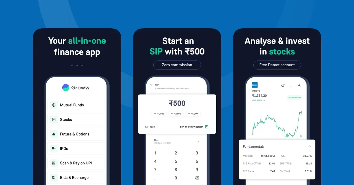 Three Groww screenshots with large captions: Your all-in-one finance app, Start an SIP with 500 rupees at zero commission, and Analyse and invest in stocks with a free Demat account