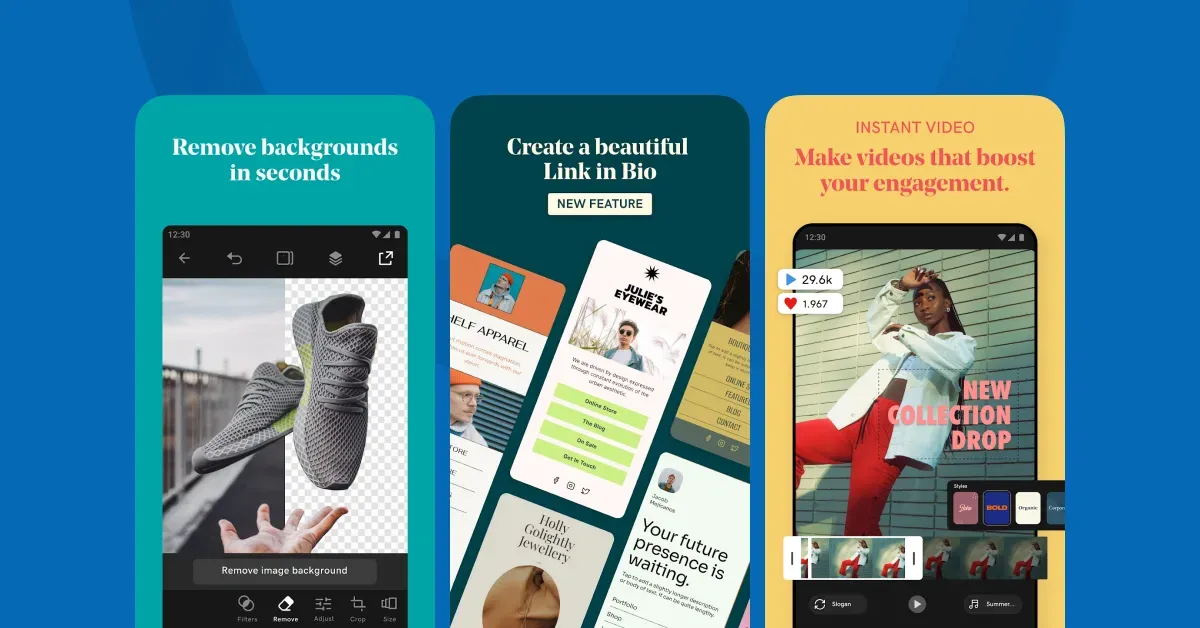 Three GoDaddy Studio store screenshots captioned Remove backgrounds in seconds, Create a beautiful Link in Bio, and Make videos that boost your engagement
