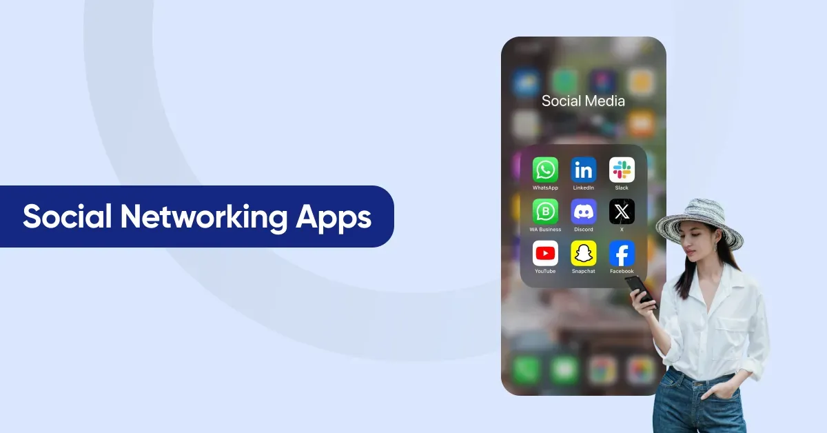 Social Networking Apps section graphic: a phone showing a Social Media folder with WhatsApp, LinkedIn, Slack, Discord, X, YouTube, Snapchat and Facebook icons, beside a woman in a sun hat holding a phone