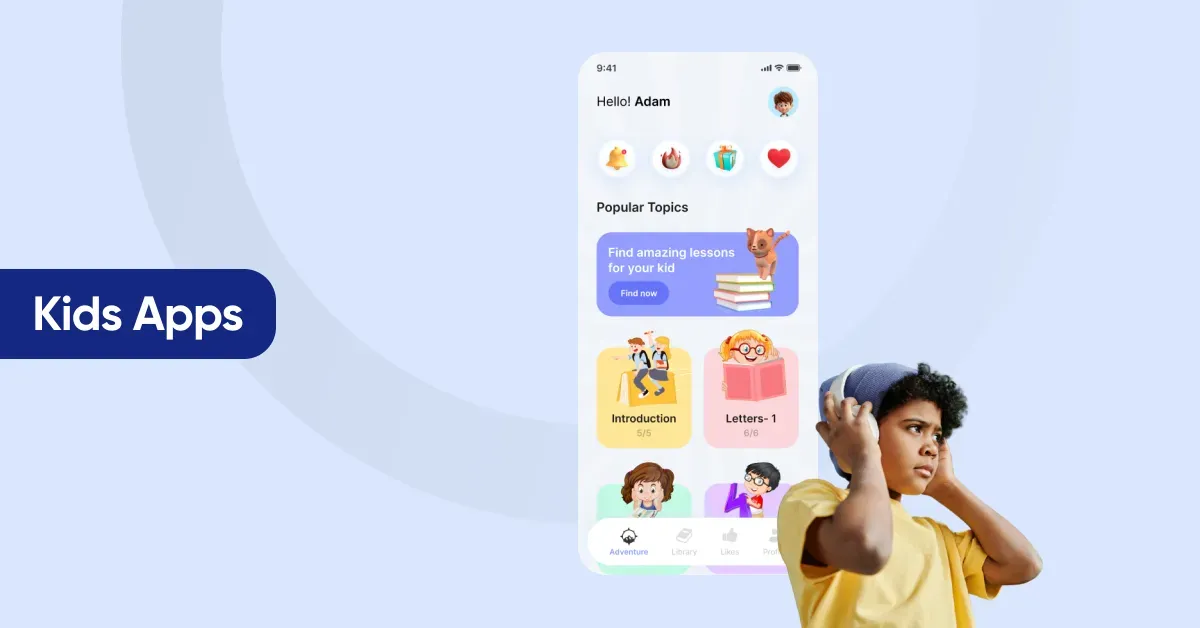 Kids Apps section graphic: a phone greeting Adam with Popular Topics lesson cards such as Introduction and Letters-1, beside a boy in a yellow shirt holding a ball