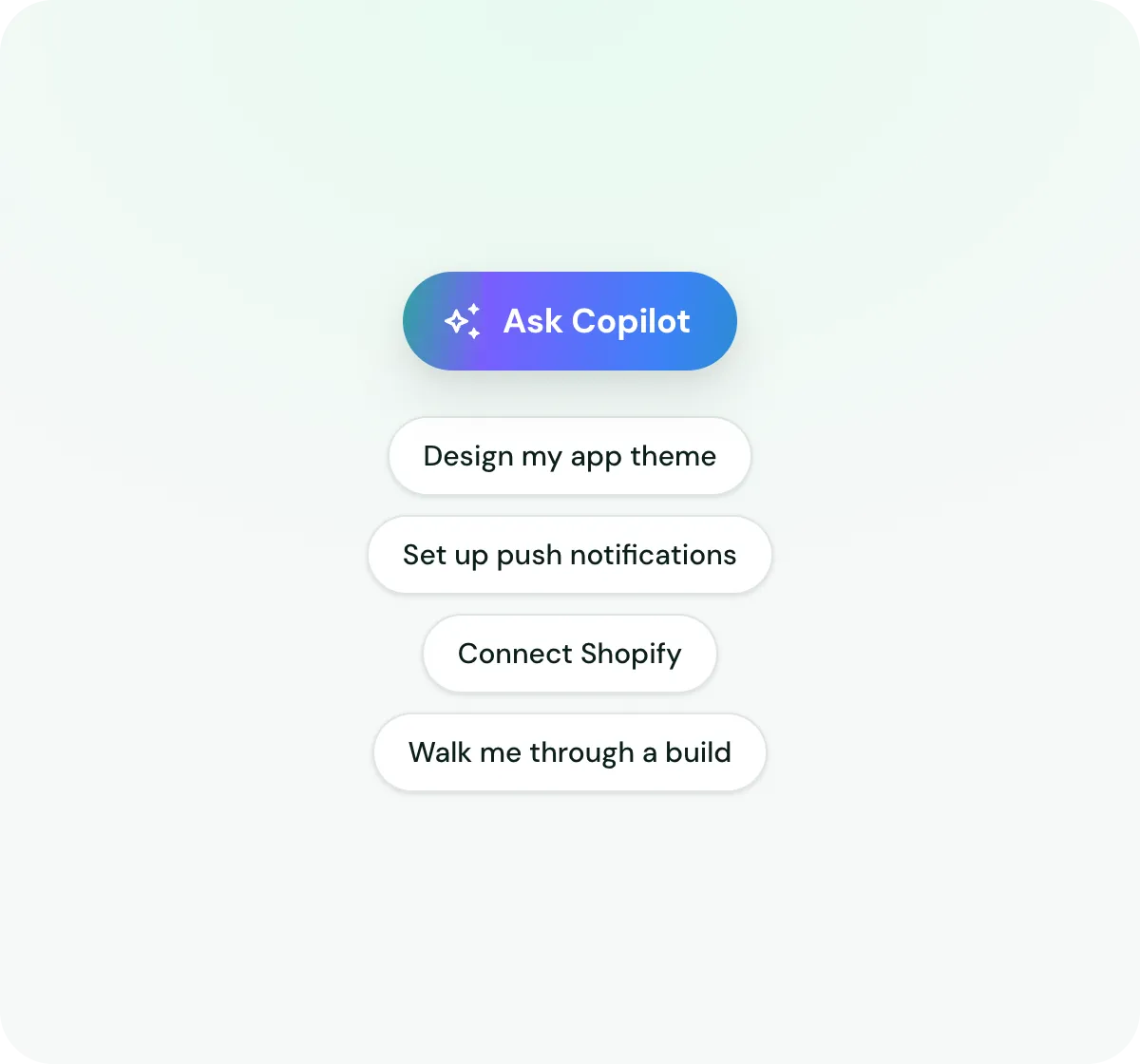Ask Copilot button with suggested asks: design my app theme, set up push notifications, connect Shopify, walk me through a build