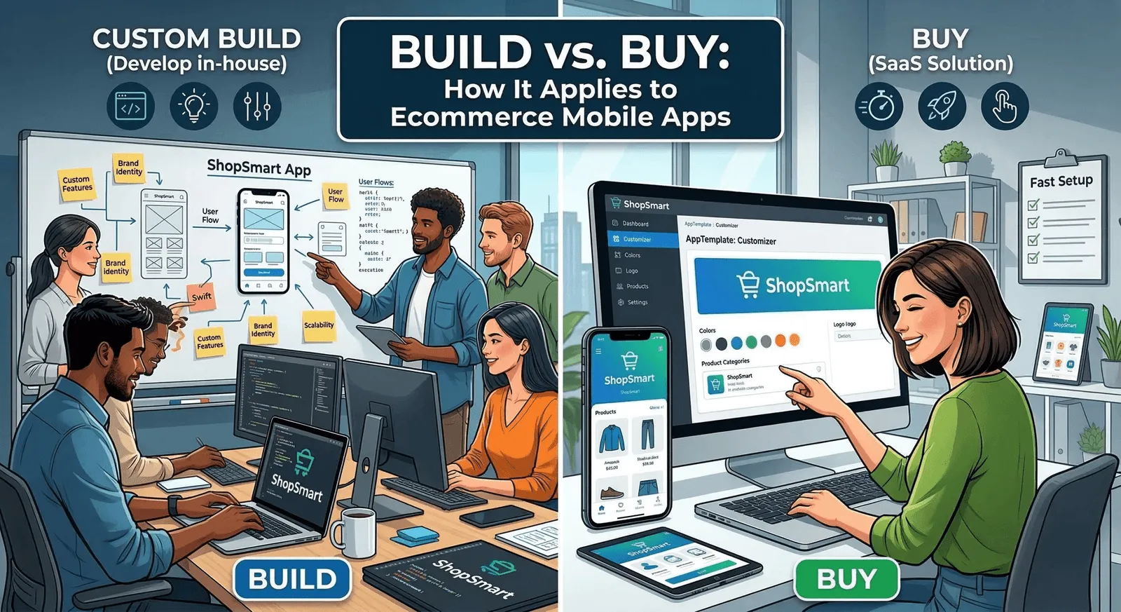 Build vs buy ecommerce app comparison showing cost, time, and scalability differences