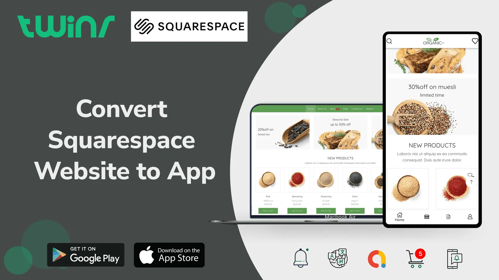 Convert squarespace website to app using Twinr mobile app builder
