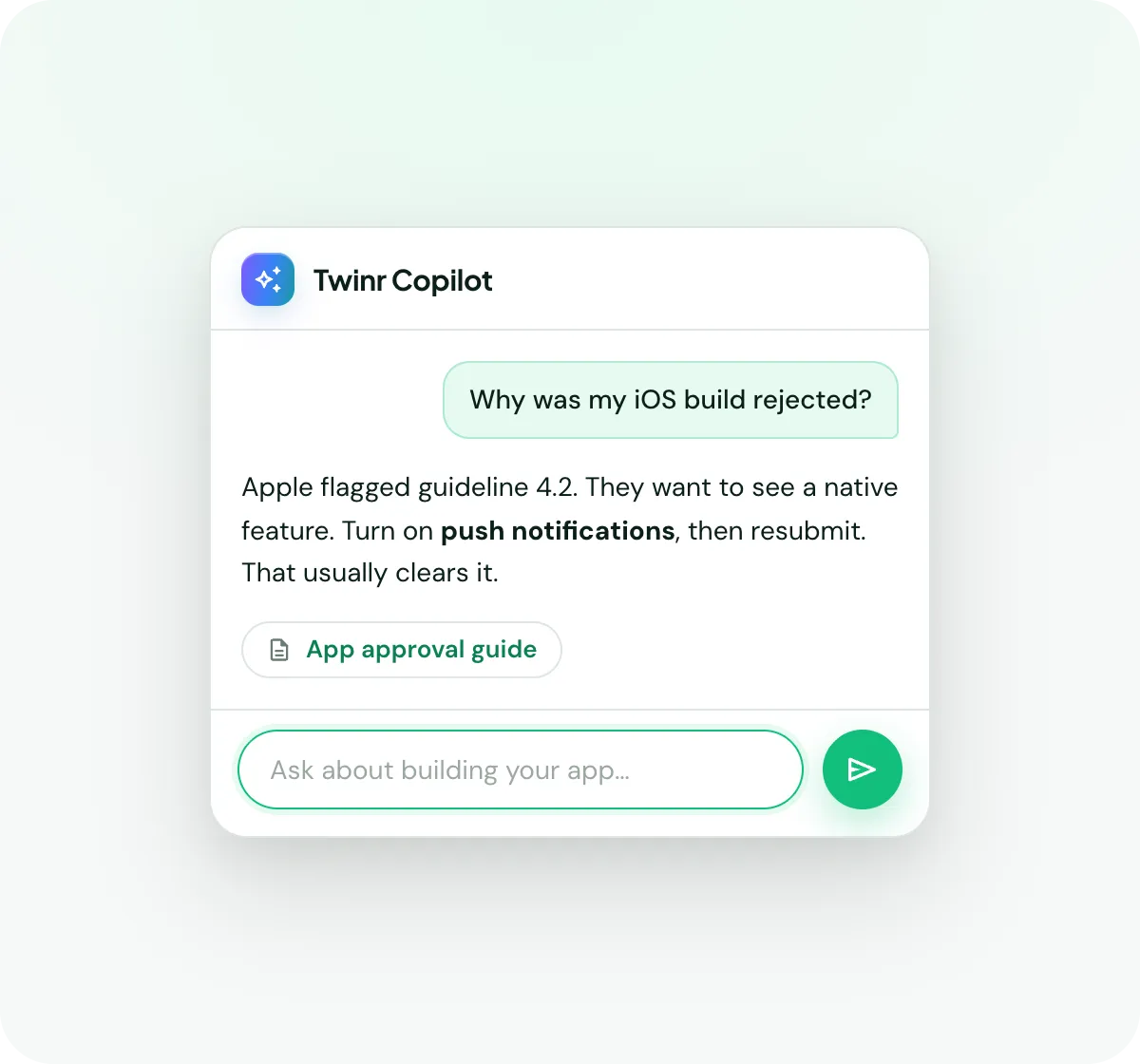 Copilot explaining why an iOS build was rejected under Apple guideline 4.2, suggesting turning on push notifications and linking the App approval guide