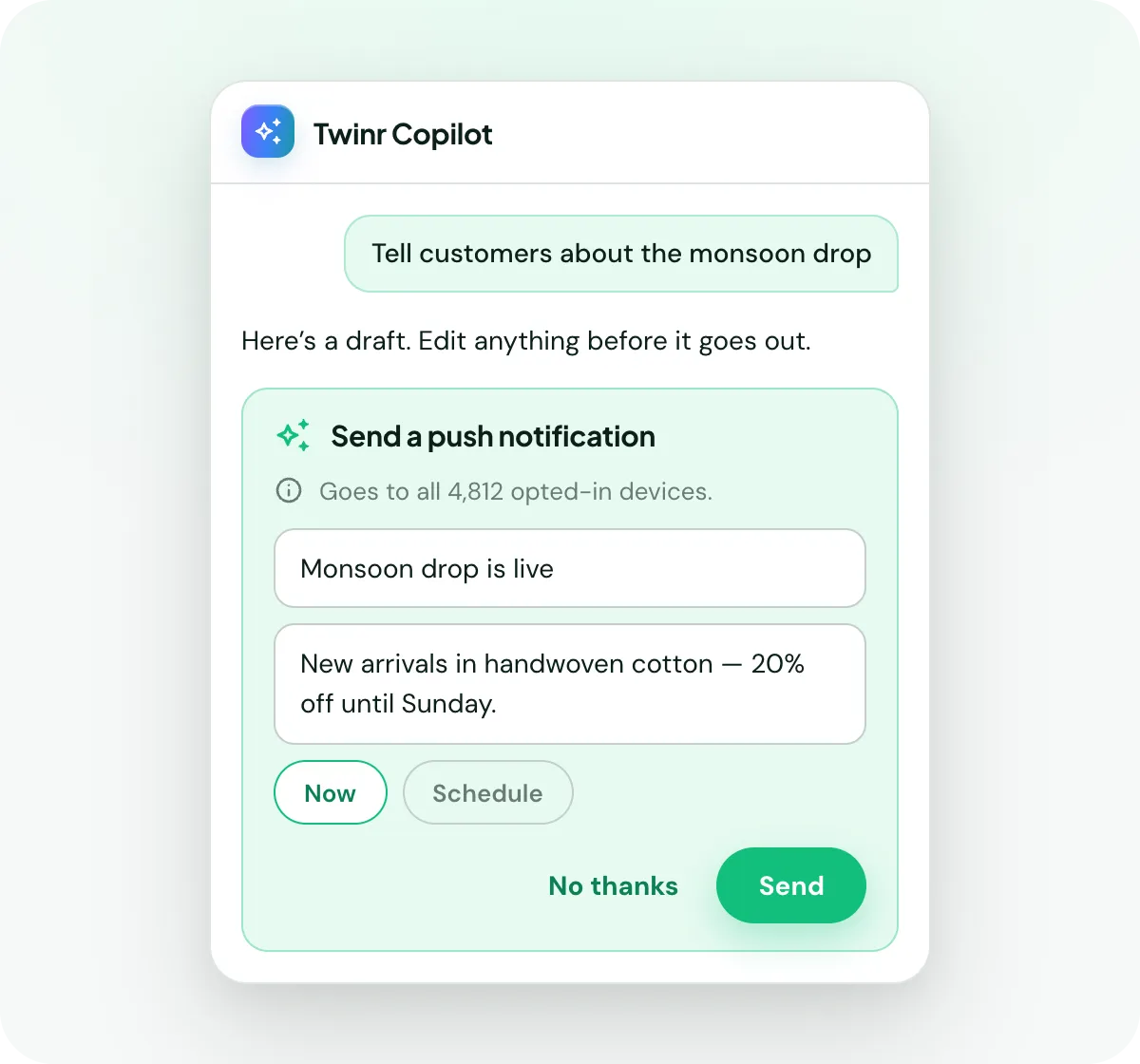 Twinr Copilot drafting a push notification: Monsoon drop is live, new arrivals in handwoven cotton, 20% off until Sunday, to 4,812 opted-in devices, with Now or Schedule and Send or No thanks