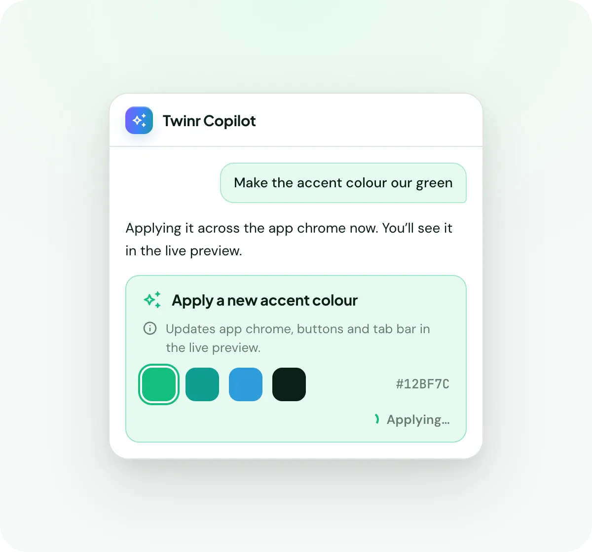 Copilot applying a new accent colour #12BF7C across the app chrome, buttons and tab bar