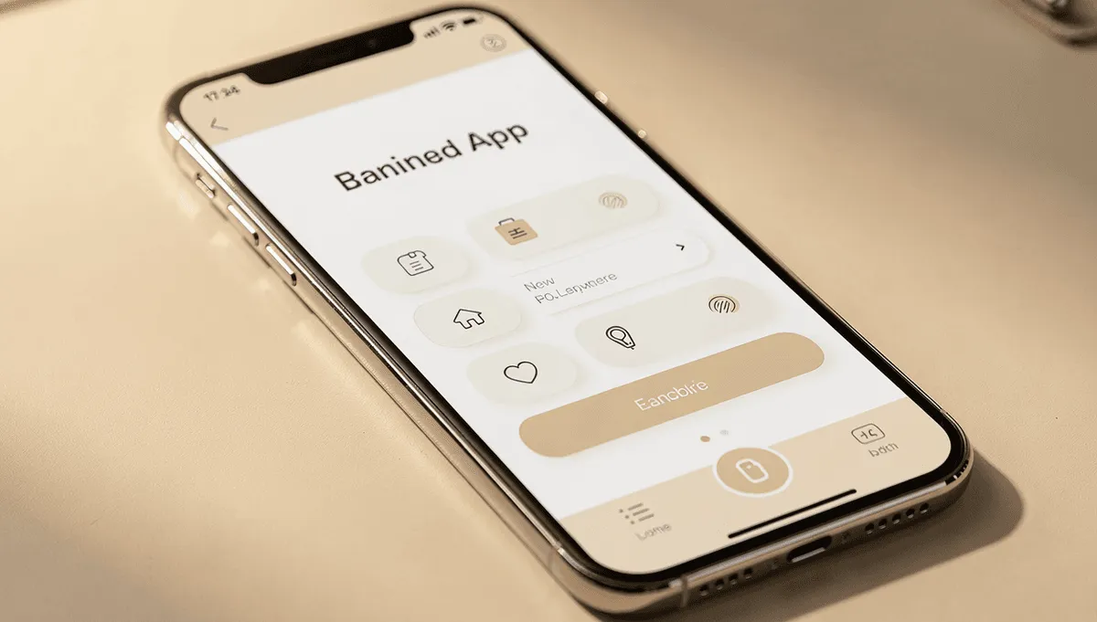 An iPhone on a beige desk showing a stylised app settings screen with rounded icon tiles and a wide enable button