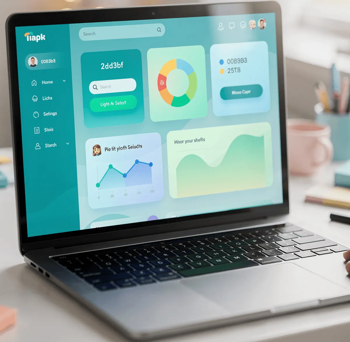 Laptop on a desk showing a teal app dashboard with a sidebar, search bar, donut chart and line charts