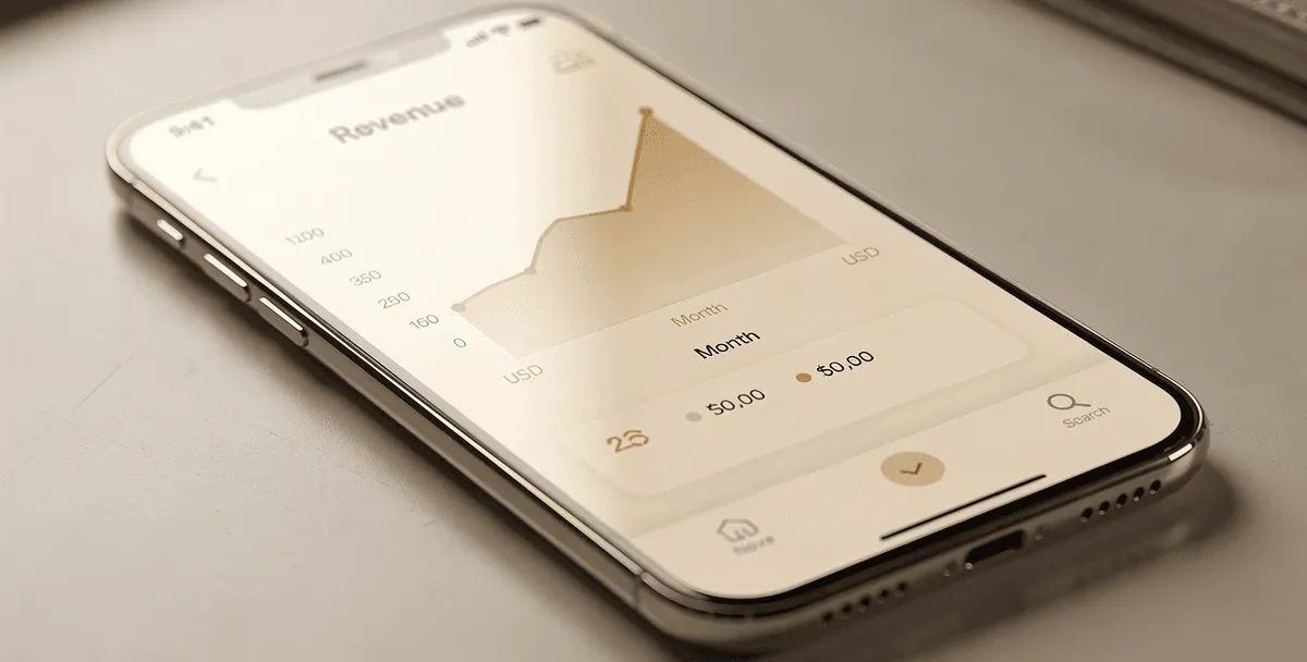 A phone lying on a desk showing a Revenue screen with a rising line chart and monthly figures in USD
