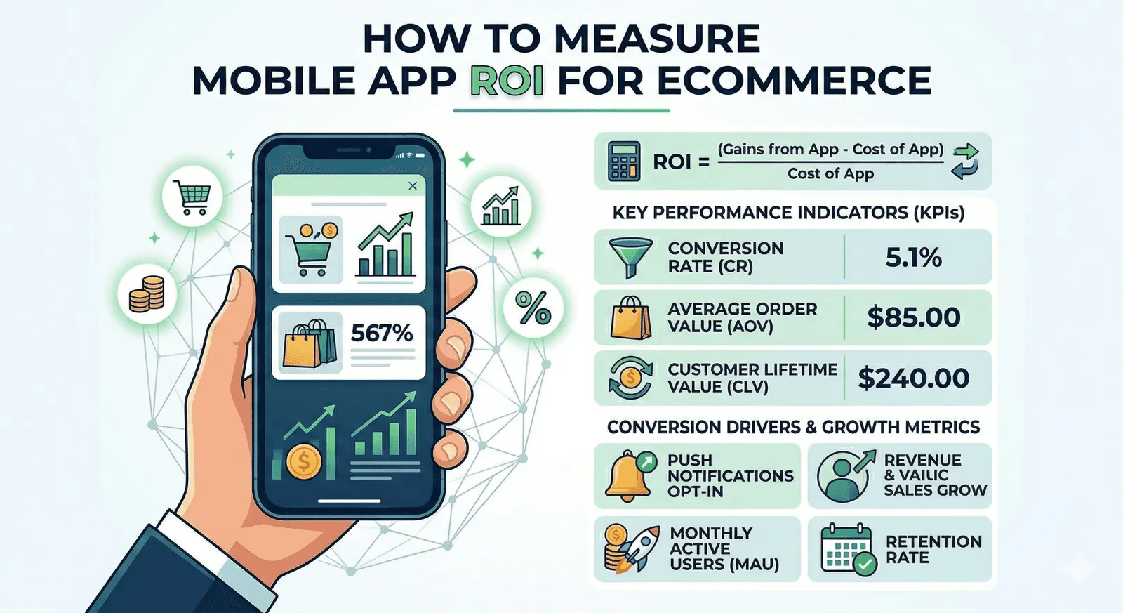 mobile app ROI ecommerce analytics dashboard showing revenue growth metrics