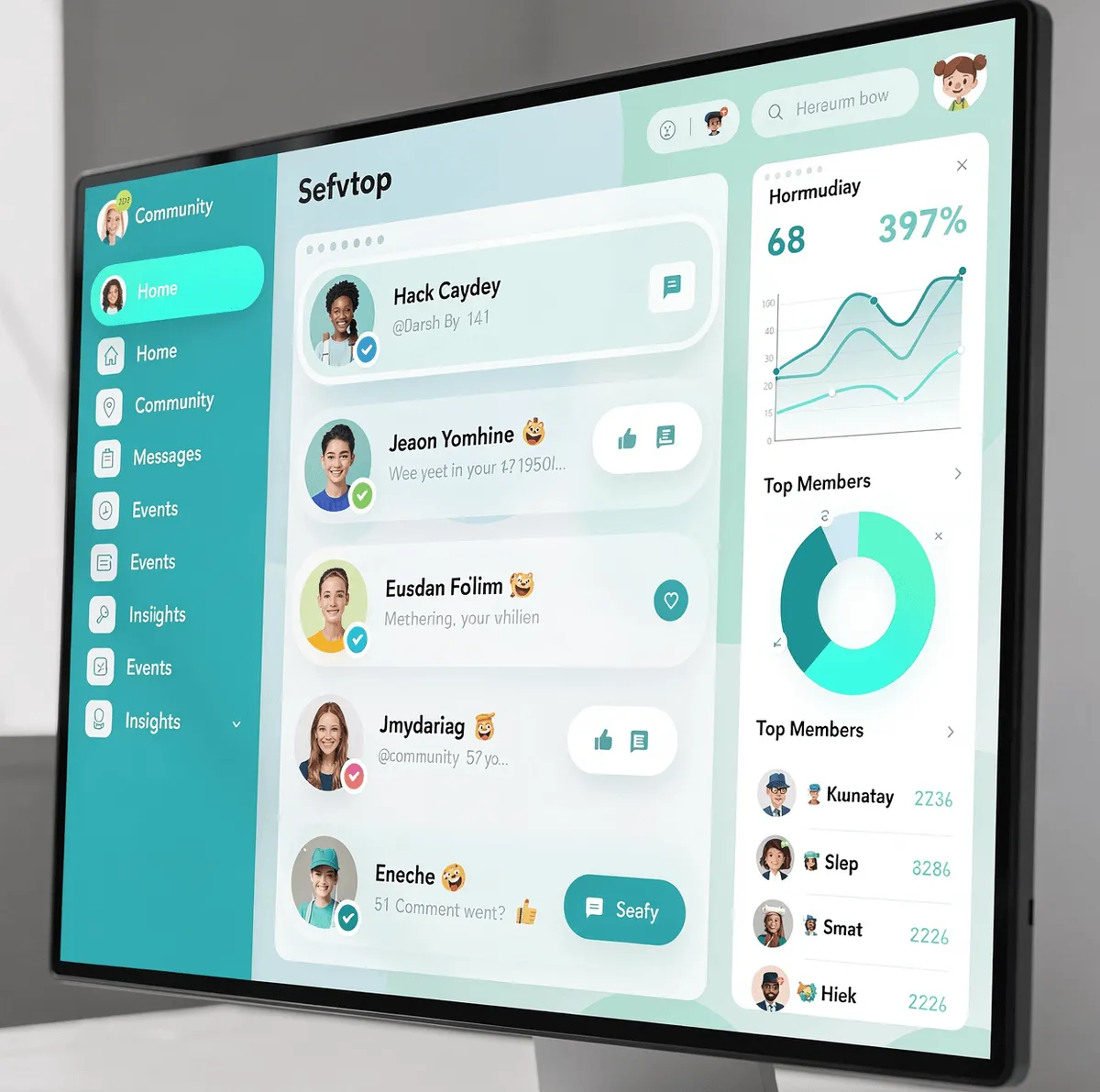 A monitor showing a teal community dashboard: a sidebar of home, community, messages, events and insights, a member feed, and panels of engagement charts and top members