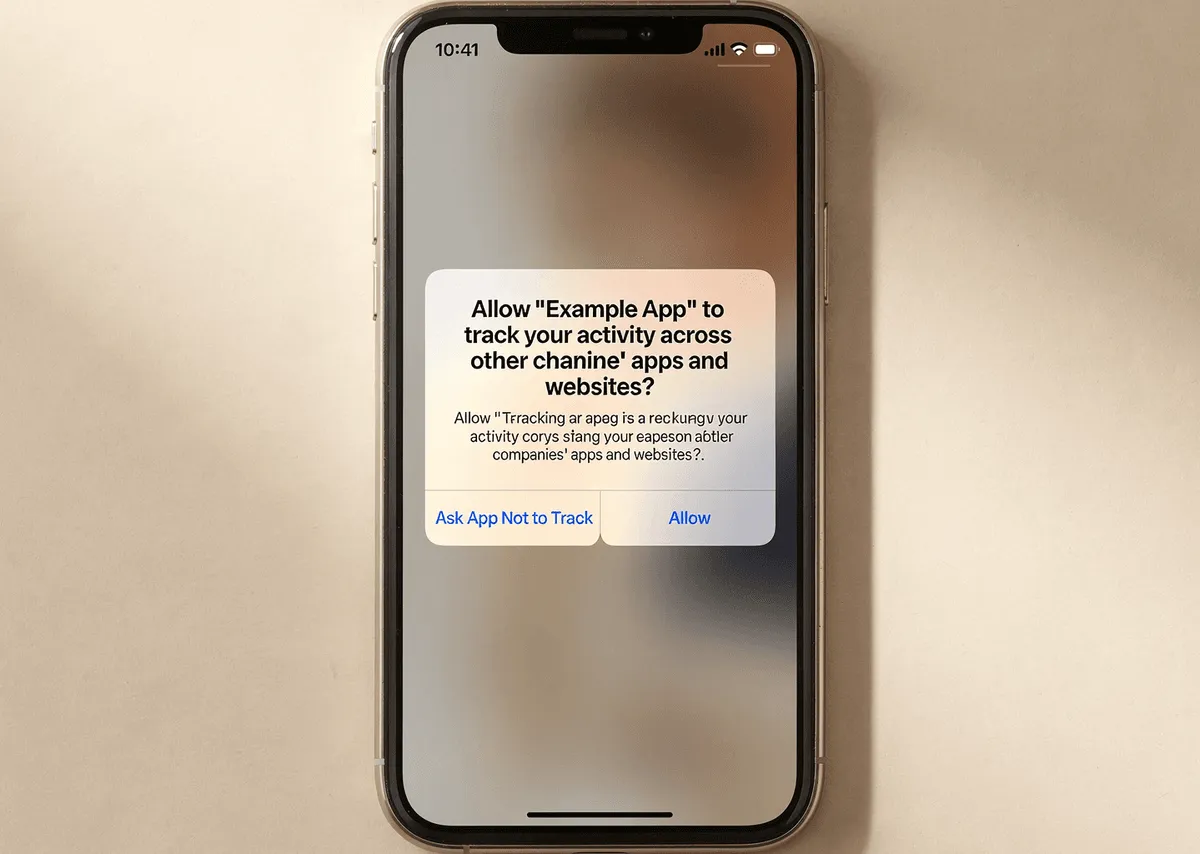 iPhone showing Apple’s App Tracking Transparency prompt asking to allow an app to track activity across other companies’ apps and websites, with Ask App Not to Track and Allow buttons