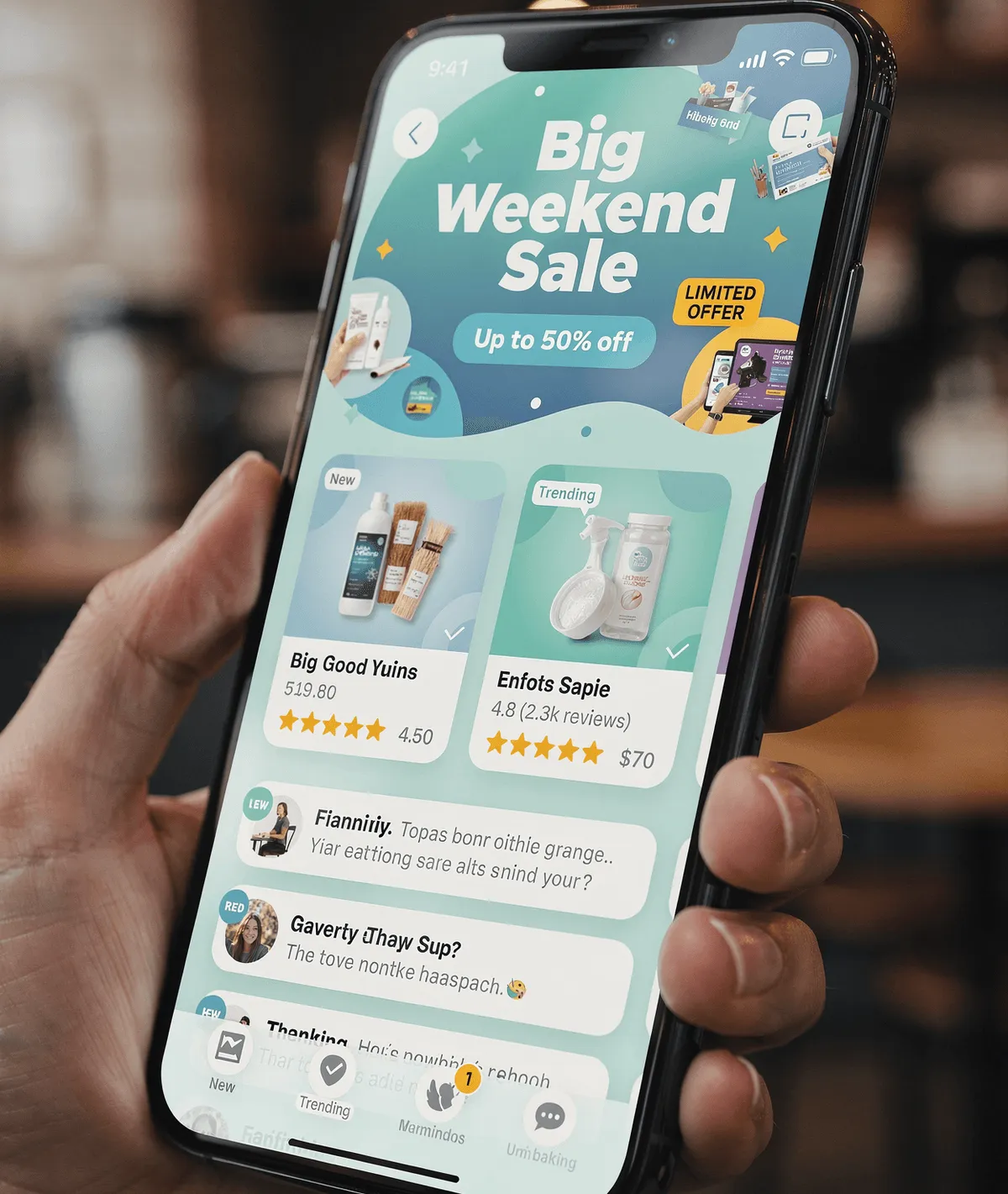 A hand holding a phone showing a shopping app with a Big Weekend Sale banner offering up to 50% off, product cards and a message feed