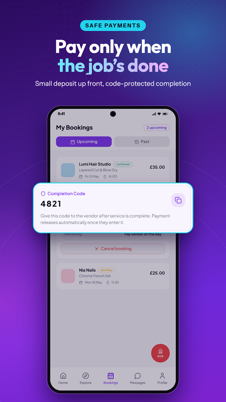 Droppin bookings screen with a completion code that releases payment to the vendor