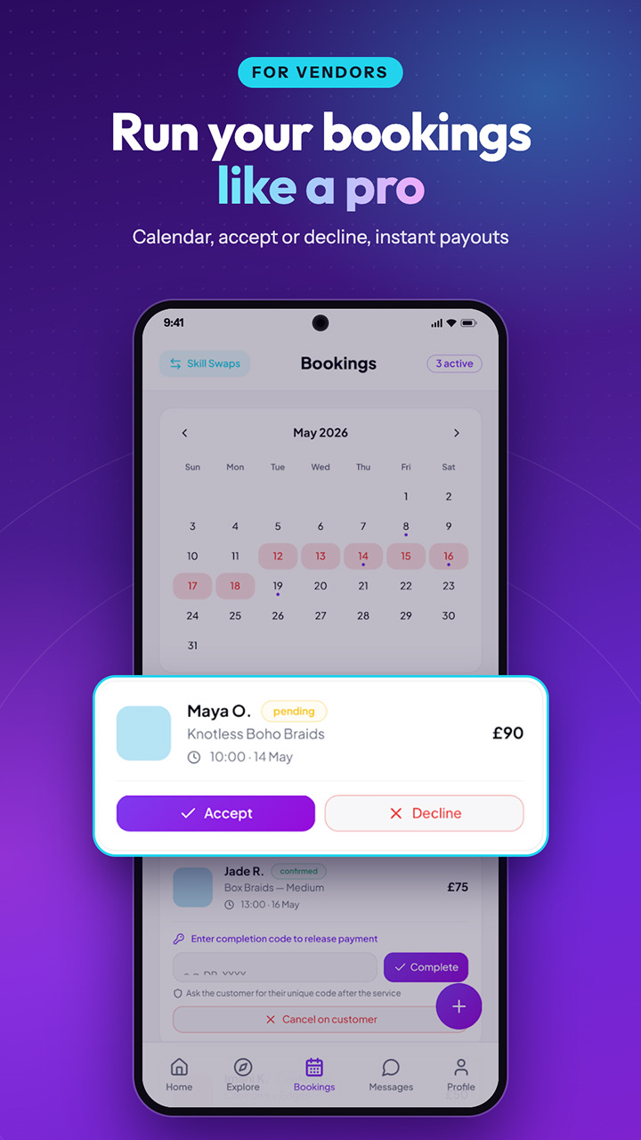 Droppin vendor calendar with a pending booking to accept or decline