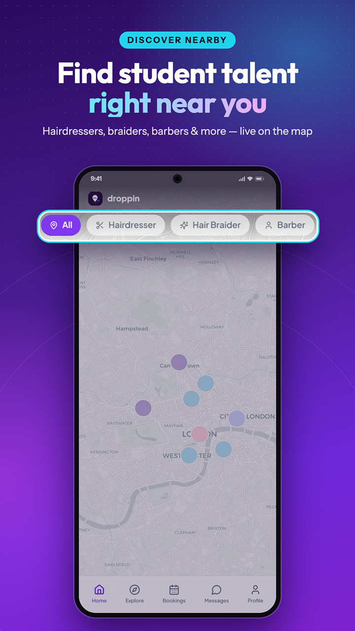 Droppin map of nearby student hairdressers, braiders and barbers in London