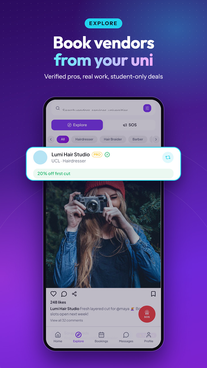 Droppin explore feed showing a verified vendor from UCL with a student discount