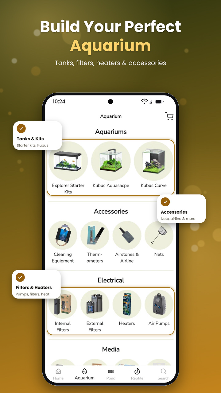 Aquarium tanks, kits, accessories and electrical equipment by category