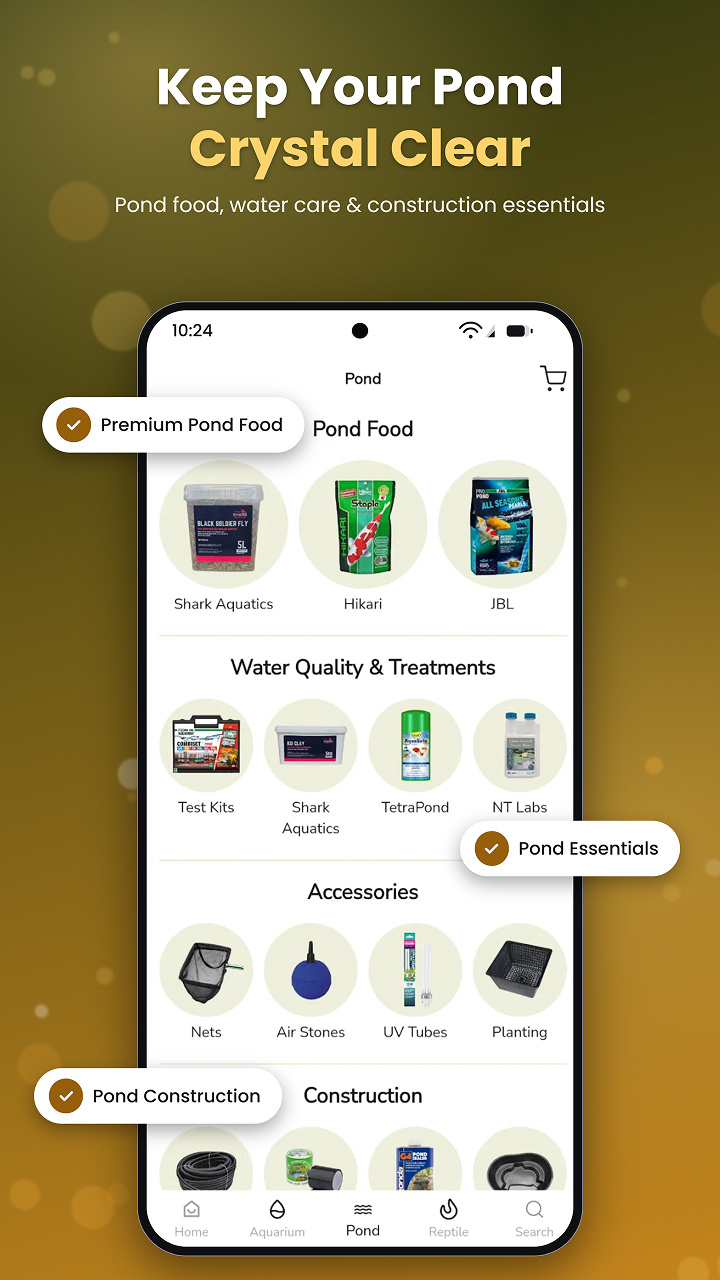 Pond food, water treatments and construction essentials