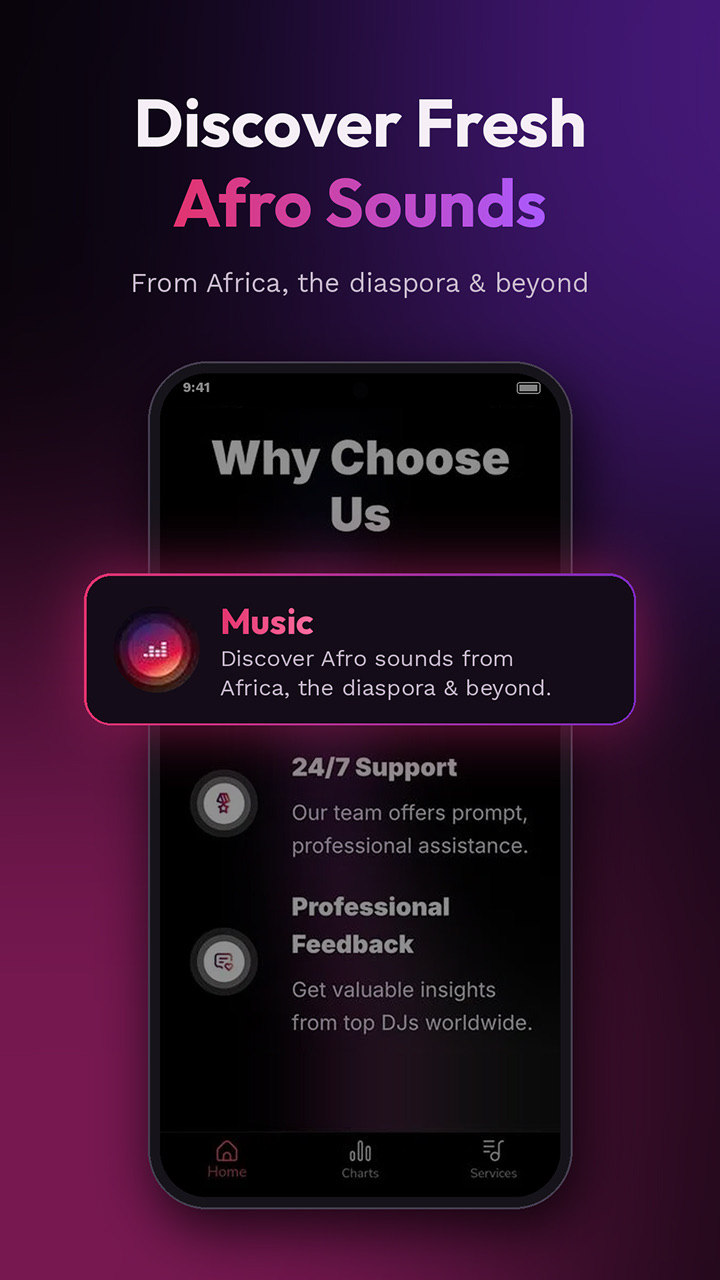 PlayAfro why choose us screen, listing music discovery and DJ feedback