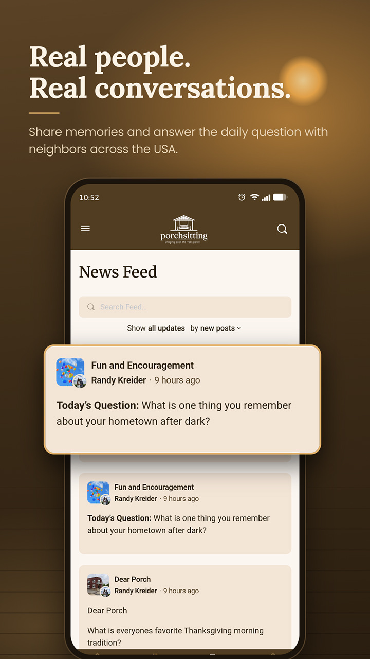 Porchsitting news feed with the daily question from neighbours