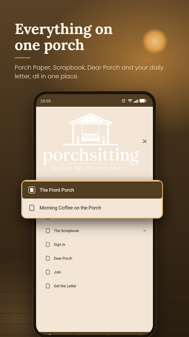 Porchsitting menu listing The Front Porch, Morning Coffee and The Scrapbook