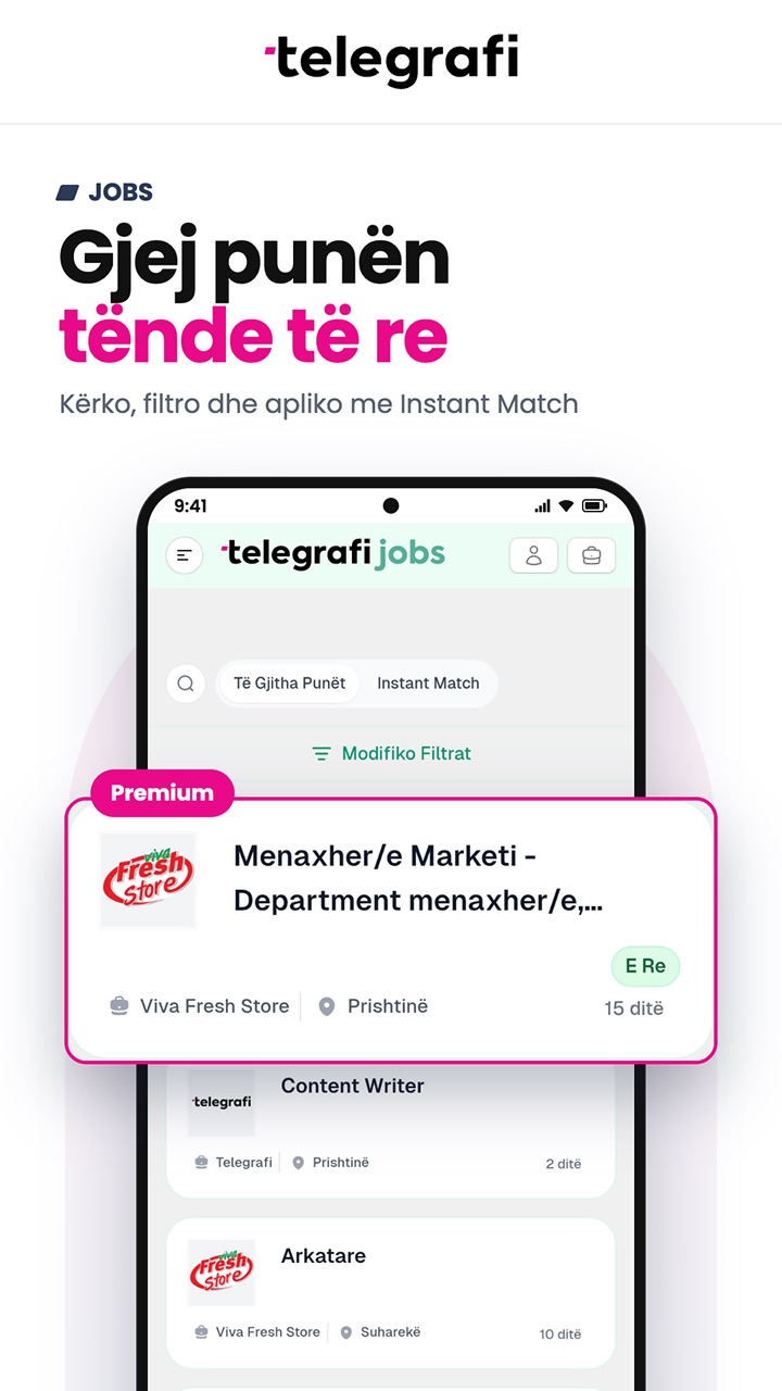 Telegrafi Jobs screen listing vacancies with Instant Match filters