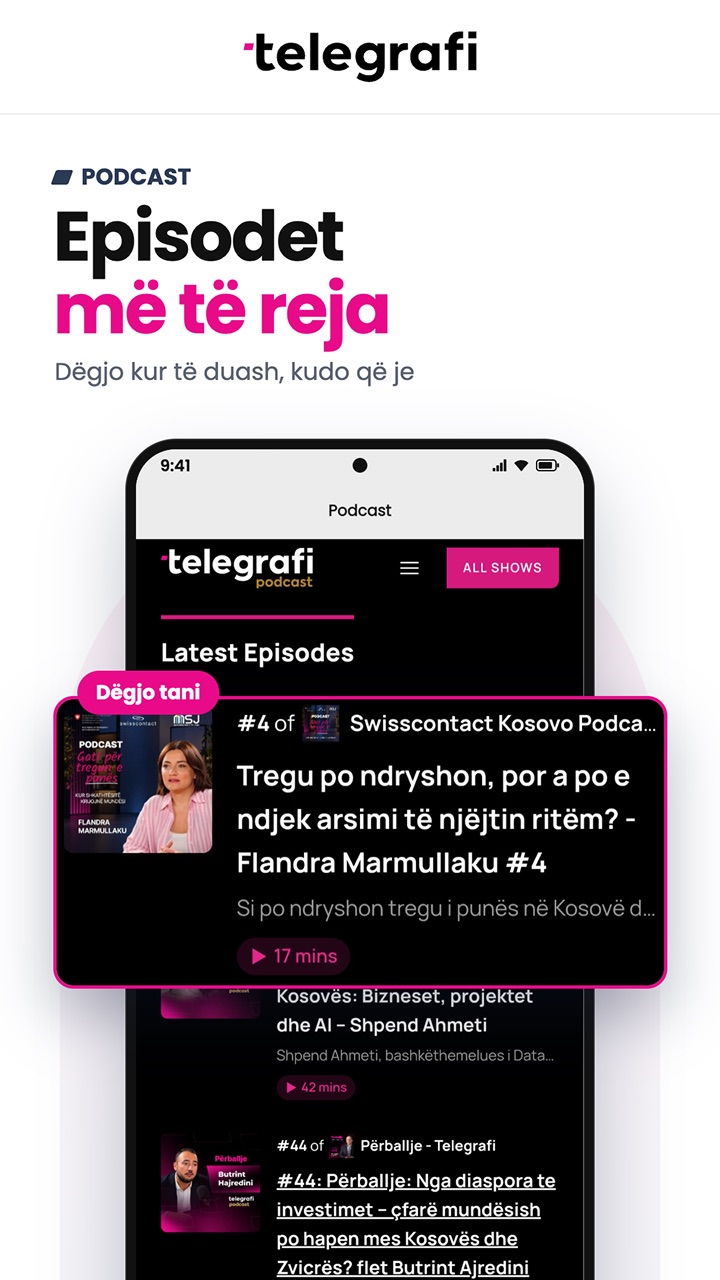Telegrafi Podcast screen showing the newest episodes