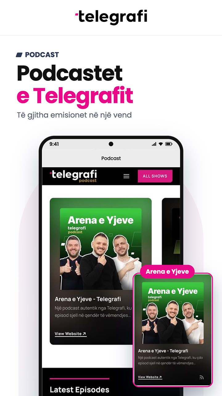 Telegrafi podcast show list, including Arena e Yjeve