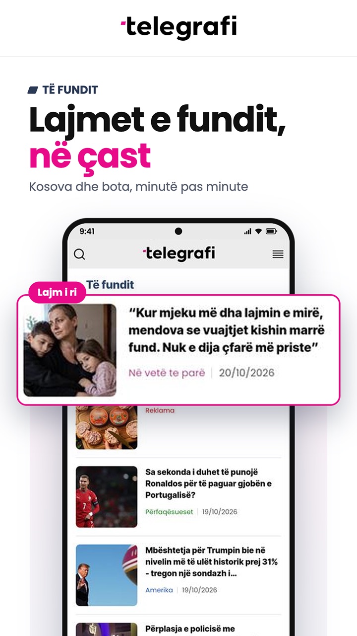 Telegrafi latest news feed, newest article highlighted