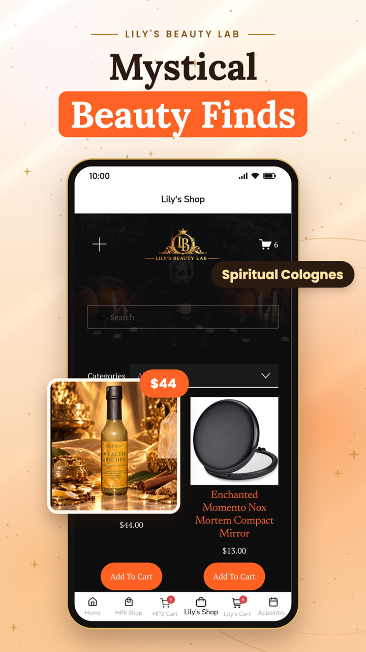 Spiritual colognes and accessories listed in Lily's Shop with add to cart