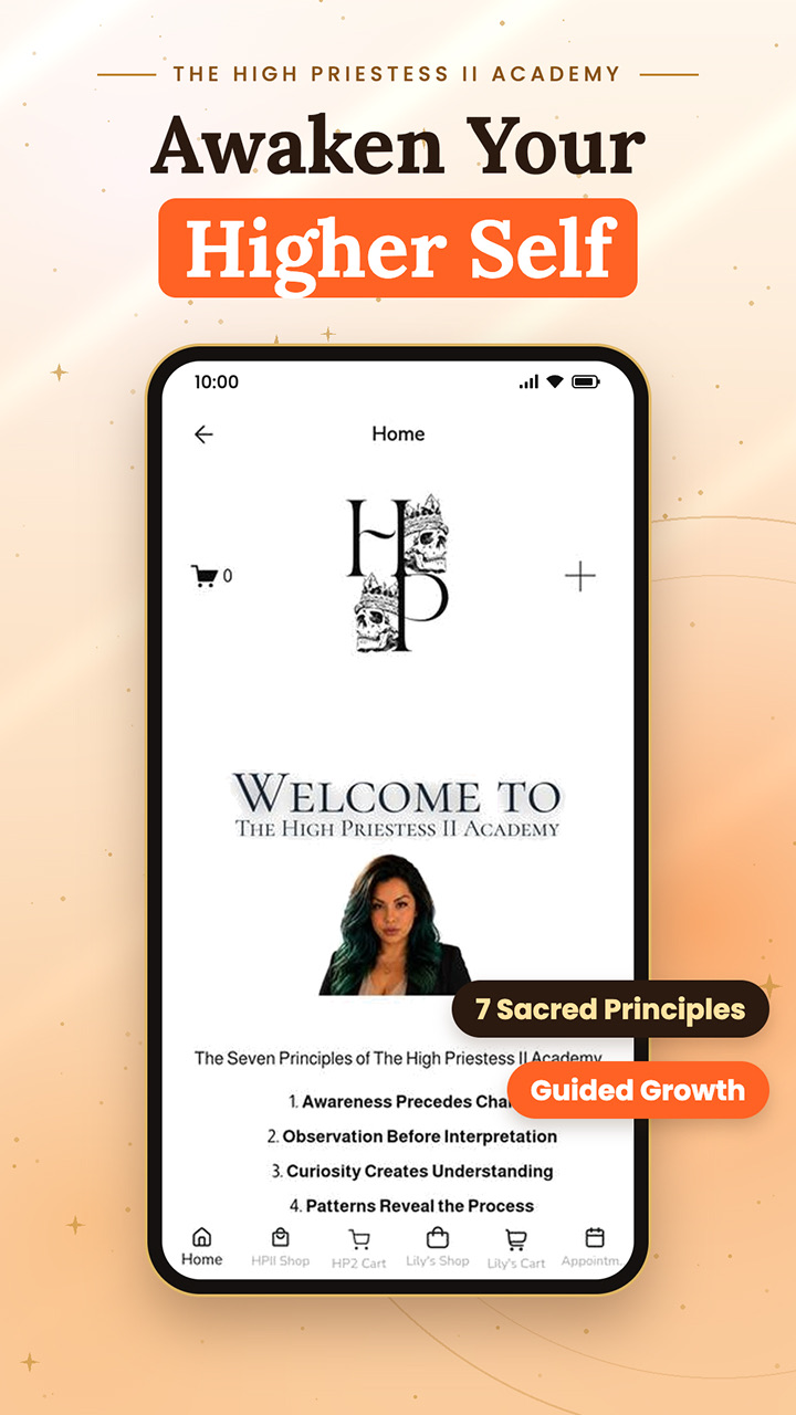 The High Priestess II Academy home screen with its seven principles